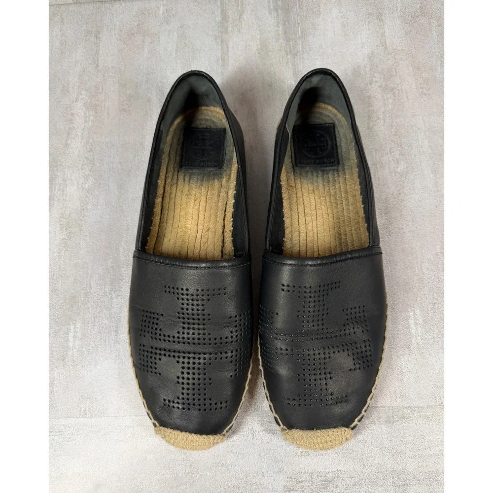 Tory Burch Ines Black Leather Perforated Logo Espadrille Flats Womens 11 50966